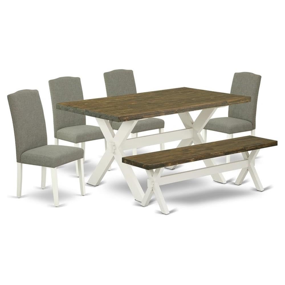 East West Furniture X076En206-6 6 Piece Kitchen Table & Chairs Set Contains A Rectangle Dining Room Table And 4 Dark Shitake Linen Fabric Parson Chairs With A Bench, 36X60 Inch, Multi-Color